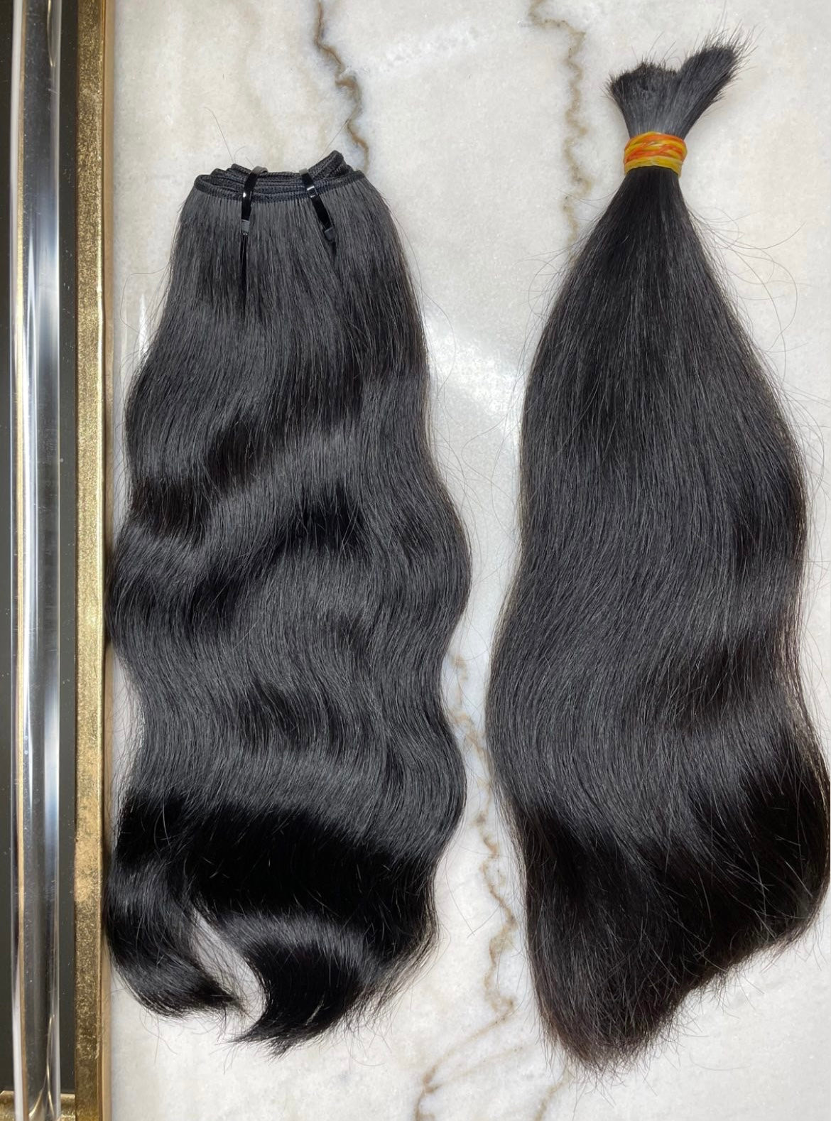 Raw cut ponytail from single donor and results after it has been wefted.